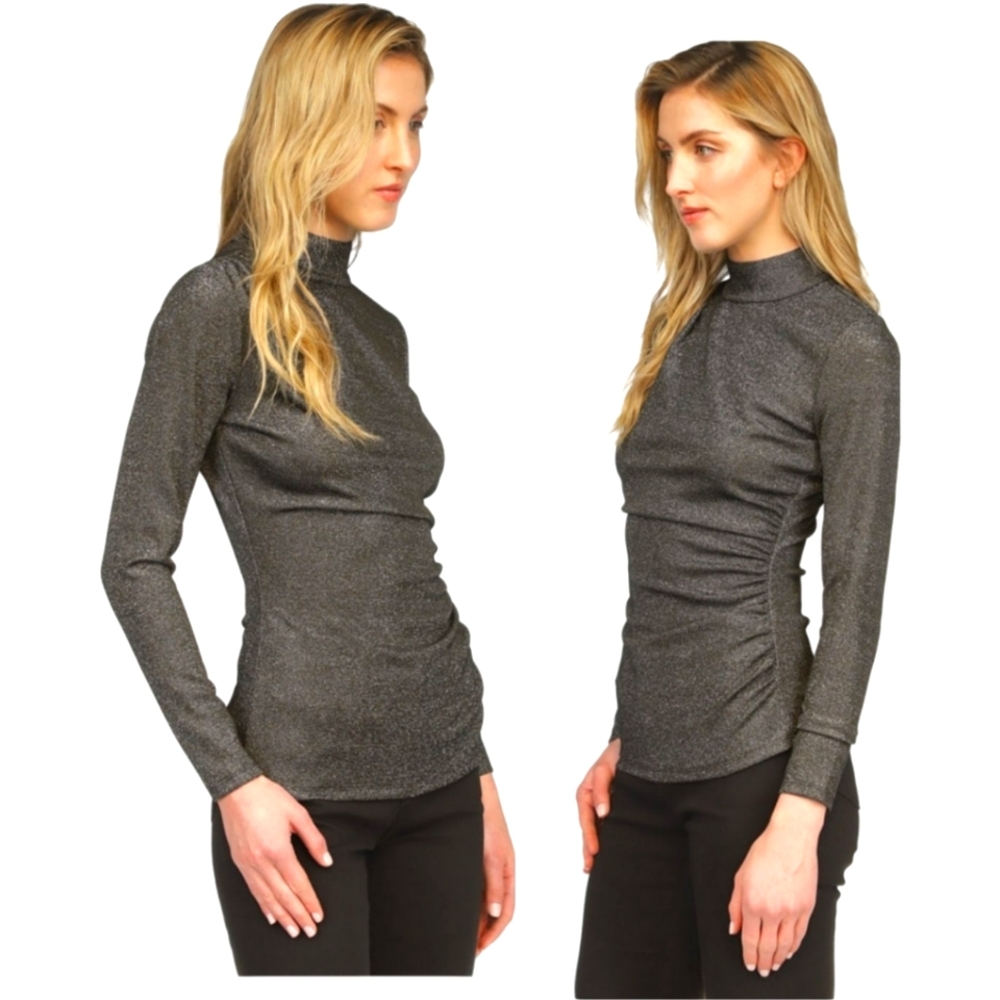 MICHAEL KORS Women's Ruched Long Sleeve Top Black/Silver Large NEW